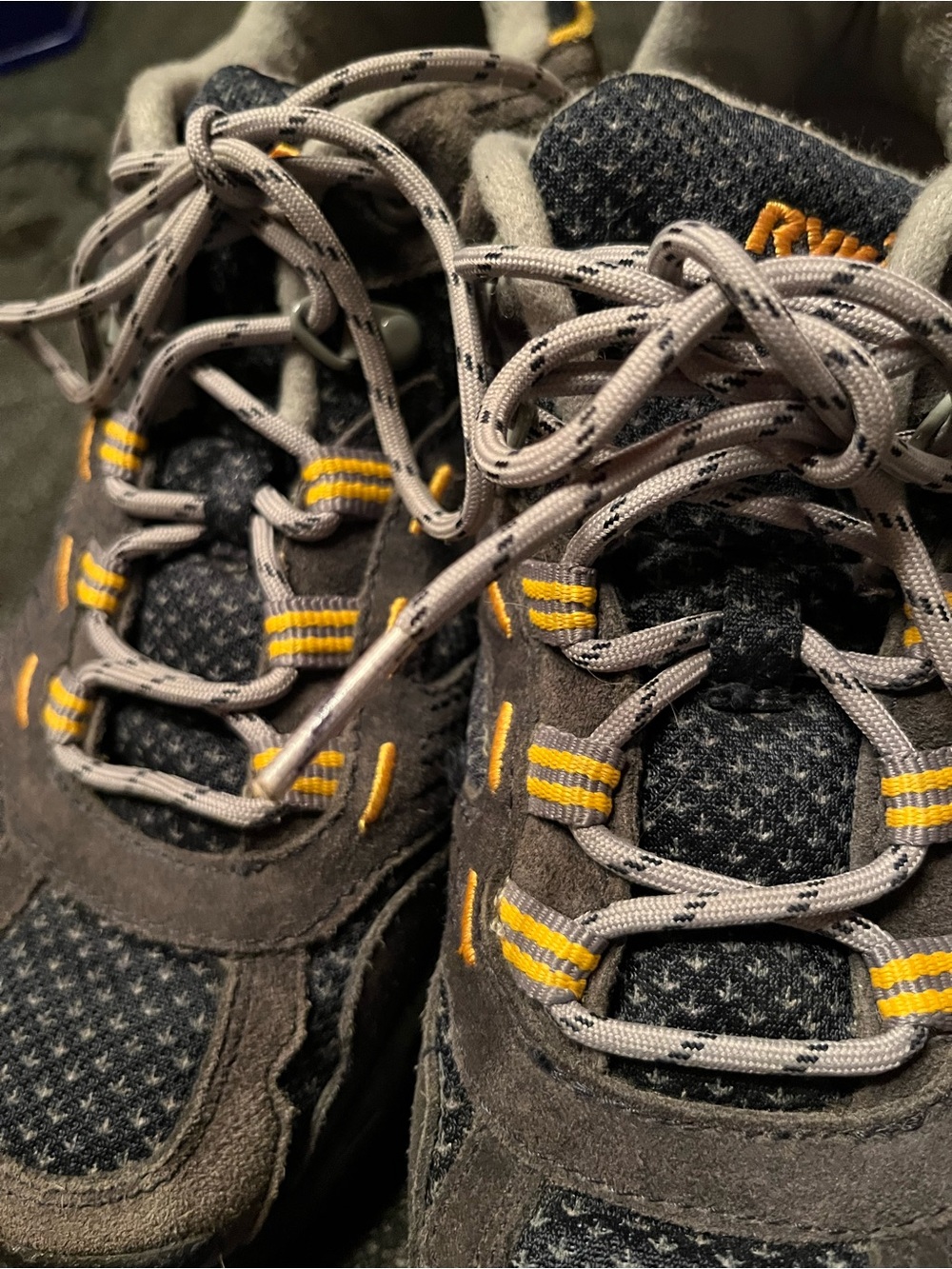 Women’s Ryka Gray Suede and Mesh Trail Sneakers with Yellow Accents